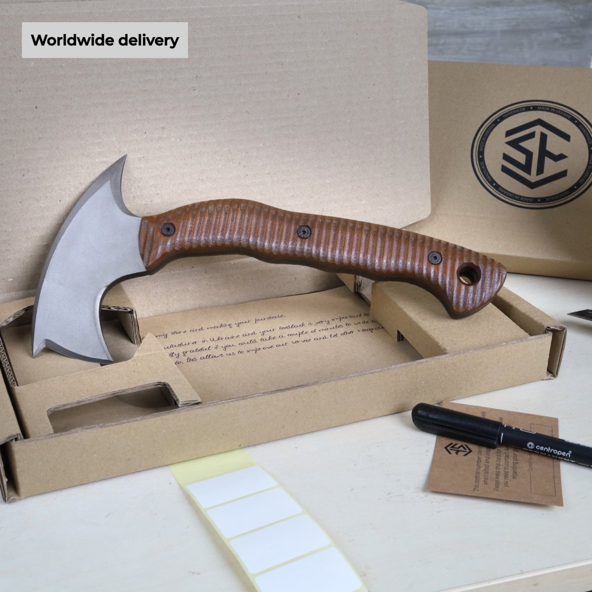 Compact tomahawk "Mingan" with polymer composite handle from AncientSmithy